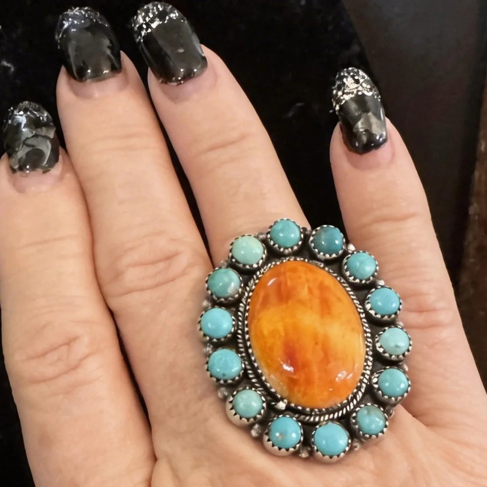 Spiny oyster Orange &‎ genuine, Kingman Turquoise Statement Ring sterling silver